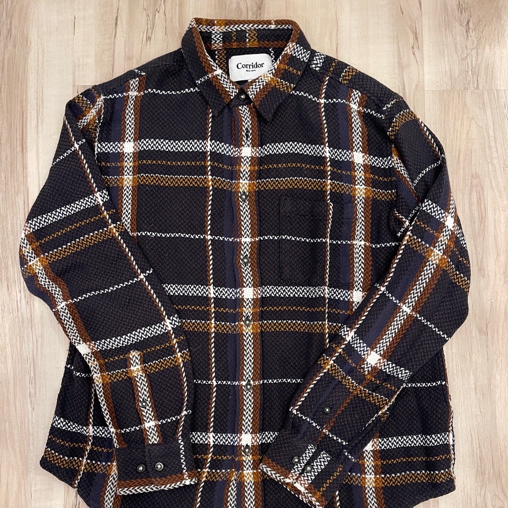 Corridor Acid Plaid Button Down Shirt, men's size large, moonrise colorway